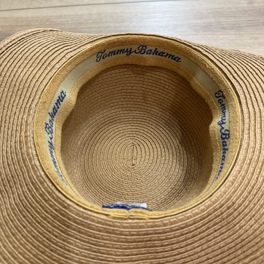Tommy Bahama Tan Paper Braid Boater Hat Black Band Gold Marlin Pin Large XL - Picture 5 of 7
